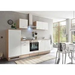 Carryhome Küchenblock in Weiß und Eiche – Komplett mit Geräten - Küchenzeilen mit Geräten, inkl. Glaskeramikkochfeld, Kühlschrank, Backofen und Dunstabzugshaube – ideal für kleine Räume und kreative Kochabende.