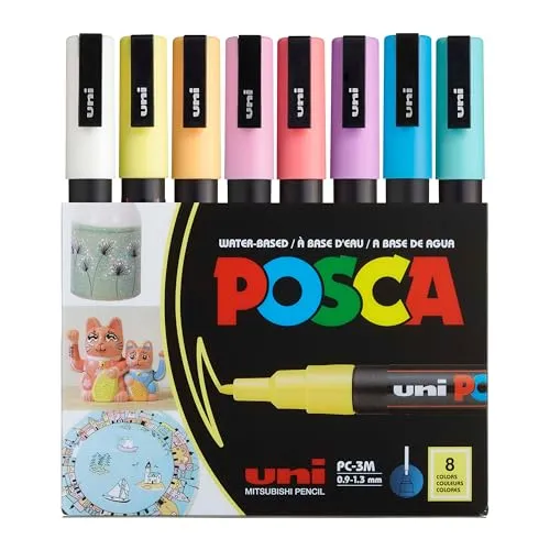 Posca Acrylstifte PC-3M, Pastellmarker Set mit 8 Farben - Schreibutensilien mit 8 pastellfarbenen Acrylmarkern, ideal für kreative Projekte auf Papier, Textilien und mehr. Permanente, lichtechte Farben und feine Rundspitze für präzise Anwendungen.