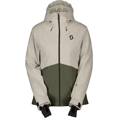 Scott Jacket W's Ultimate Dryo 10 - Damen Skijacke in dust white/douglas green - Damen Skijacken mit 10.000 g/m² Atmungsaktivität, wasserdicht und mit integriertem Schneefang - ideal für vielseitige Pisten-Skifahrer, die Komfort und Funktionalität schätzen.