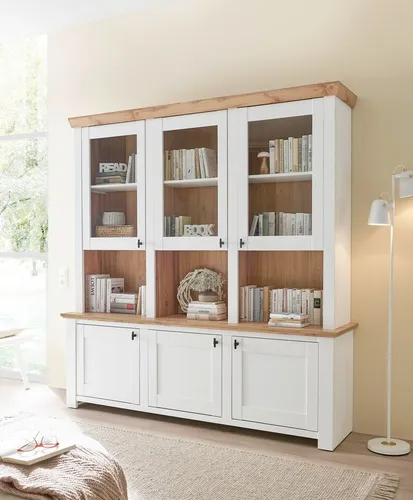Home affaire Buffet Bristol, moderner Hochschrank im Landhausstil mit schwarzen Metallgriffen - Praktischer Bücherschrank in elegantem Landhausdesign. Mit sanft schließenden Türen und stabiler Holzwerkstoffstruktur bietet er ausreichend Stauraum für Bücher und Deko. Ideal für ein gemütliches Wohnambiente.