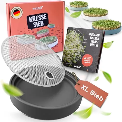 seed&eat Kressesieb (16cm), Anzuchtschale für Kresse & Microgreens, mit Sprossenheft, Keramikschale + Edelstahlsieb