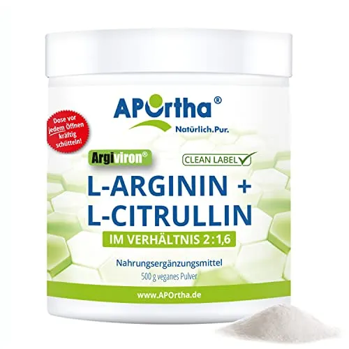 APOrtha L-Arginin & L-Citrullin Pulver - Veganes Nahrungsergänzungsmittel - Aminosäure L-Arginin mit einem hohen Verhältnis von 2:1,6 zu L-Citrullin, ideal für individuelle Dosierung und rein pflanzlich ohne unerwünschte Zusatzstoffe.