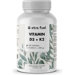 Vitamin D3 K2 Kapseln 20000 IE - Hochdosierte 240 Kapseln für starke Knochen - Vitamin D Präparate mit 20000 IE D3 und 200 mcg K2 MK7 pro Kapsel, unterstützt Immunsystem und Knochenstärke, laborgeprüfte Qualität ohne Zusatzstoffe.