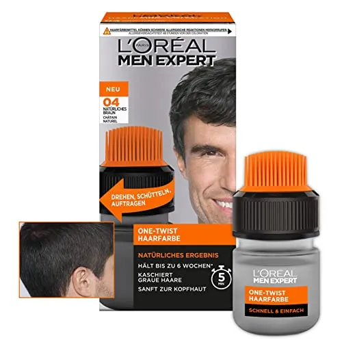 L'Oréal Men Expert Haarfarbe für Männer - 100% Grauhaarabdeckung - Haarfarbe für Männer, 100% Grauhaarabdeckung, 6 Wochen Halt, einfache Anwendung mit One-Twist Technologie, geeignet für alle Haartypen, sanfte Pflege für Haar und Kopfhaut.