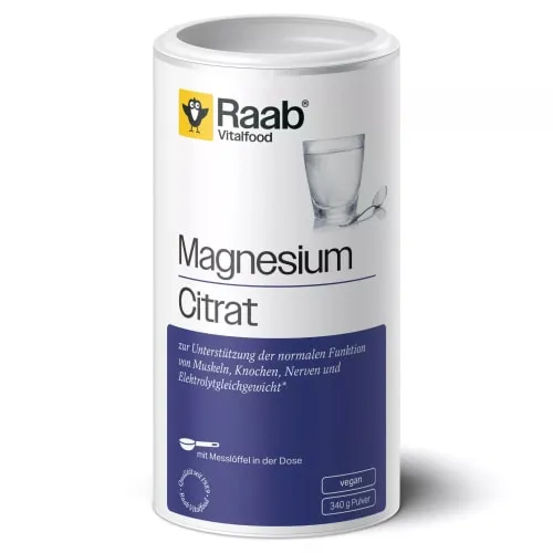 Raab Vitalfood Magnesiumcitrat Pulver - Arzneimittel zur Unterstützung von Muskeln und Nerven, fördert das Elektrolytgleichgewicht und hilft gegen Müdigkeit – in bester Bio-Qualität seit 1989.
