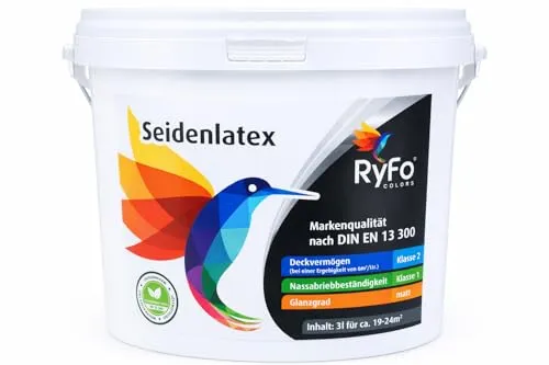 RyFo Colors Seidenlatex Weiß 3l – Abwaschbare Latexfarbe für Innenräume - Hochwertige, seidenmatte Latexfarbe für Wohnräume. Abwaschbar, strapazierfähig und leicht zu verarbeiten. Ideal für Küche, Flur und Treppenhaus. Zertifiziert mit hoher Deckkraft und Nassabriebklasse.