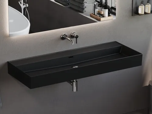 Aqua Bagno Loft Air 120 cm Waschbecken Schwarz Matt - Elegantes Keramik Waschbecken ohne Hahnlochbohrung für individuelle Armaturenwahl. Ideal für moderne Bäder, mit großzügigen Ablageflächen und pflegeleichter Oberfläche.