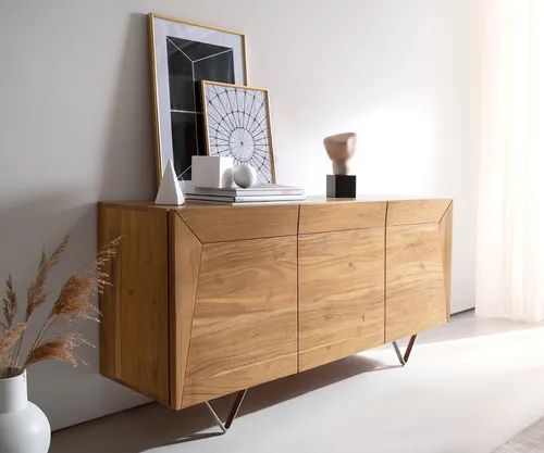 DELIFE Sideboard Kayu 145x40x70 cm Akazie Natur 3 Türen V-Fuß - Stilvolle Kommode aus naturbelassener Akazie mit 3D-Optik Front und eleganten V-Füßen aus Edelstahl für einen modernen Look.
