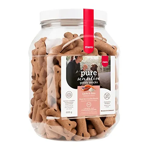 MERA Pure Sensitive Goody Snack für sensible Hunde, glutenfreie Hundeleckerli aus Lachs und Reis (600 g) - Für sensible Hunde: Die MERA Pure Sensitive Goody Snacks sind perfekte Leckerlis aus bekömmlichem Lachs und Reis, ideal für Training und Belohnung. Ohne Weizen und Zusatzstoffe – für unbeschwerte Genussmomente!