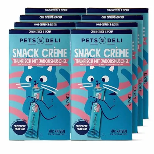 Pets Deli Cremesnack Katzen Snack Thunfisch & Jakobsmuschel, Topping & Belohnung, für wählerische Katzen, getreidefrei, Ohne Zucker, 8x90g, Premium Qualität