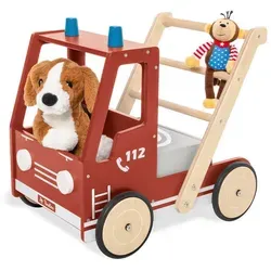 PINOLINO Lauflernwagen Feuerwehrauto Fred - Lauflernwagen mit Bremssystem und gummierten Holzrädern für sicheres Gehen, ideal für kleine Feuerwehrfans. Inklusive herausnehmbarer Box für Zubehör.