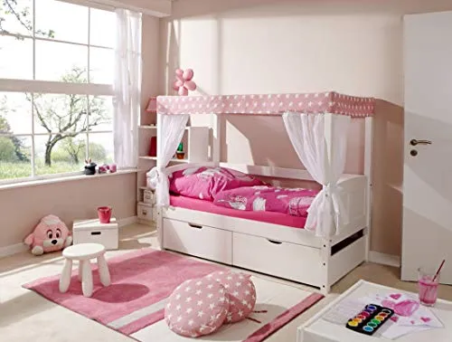 TiCAA Himmelbett Mini mit Bettkasten Stern Rosa - Betten aus massivem Kiefernholz mit abnehmbarem Oberteil, ideal als Einzelbett nutzbar. Inklusive passendem Tüll-Textilien und optionalem Bettkasten für zusätzlichen Stauraum.