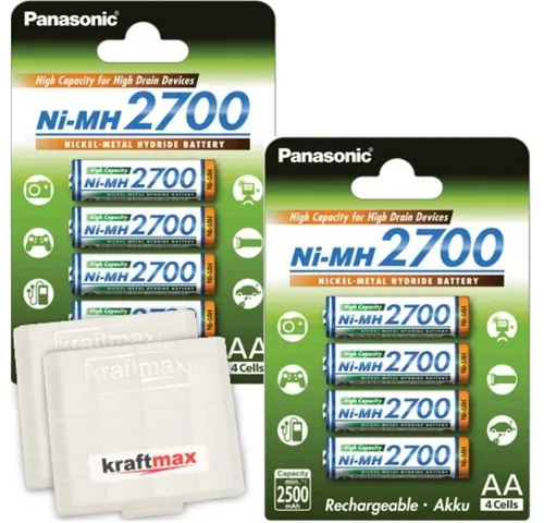 Panasonic 2700 NI-MH-Akkus BK-3HGAE – 8 Mignon AA-Batterien - Akkus mit extrem hoher Kapazität von 2700mAh, ideal für stromintensive Geräte, ohne Memory-Effekt. Praktisch im Kraftmax Akkubox für einfache Aufbewahrung.