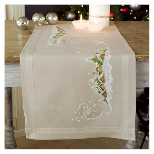 Vervaco Stickpackung Kreuzstich Set Vorgedruckt Tischläufer Winterdorf im Schnee Stickdecken Vorgezeichnet Basteln Kreativ Stickläufer zum Selbersticken 40 x 100 cm Stickset Weihnachten