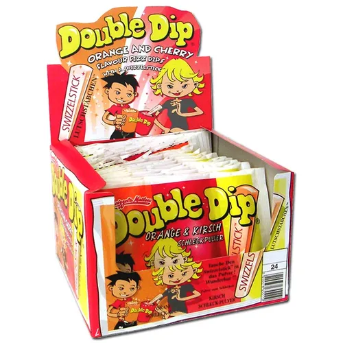 Double Dip Schleckpulver - Brausepulver im 24er Beutel - Erlebe den spritzigen Geschmack von Kirsche und Orange mit dem Double Dip Schleckpulver. Ideal für jede Feier und zum Teilen. Perfekte Süßigkeit für Groß und Klein!