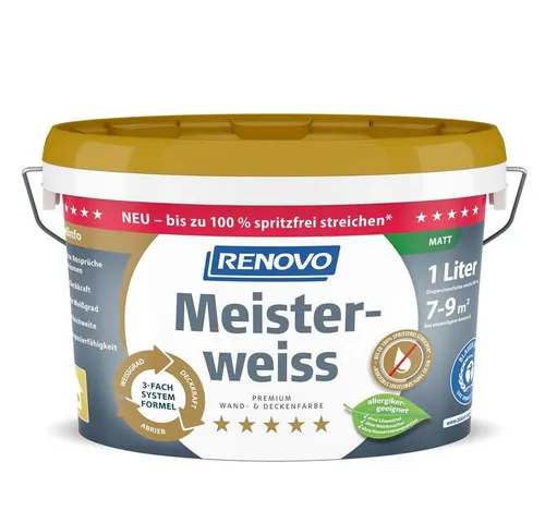 Renovo Wandfarbe Renovo Premium Wand- und Deckenfarbe Meisterweiss matt 1,0 Ltr.