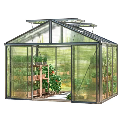 GFP Profi Gewächshaus 311 x 235 cm - Pulverbeschichtet Anthrazit - Garten-Zubehör: Modernes Profi-Gewächshaus mit robusten Doppelstegplatten für ganzjährigen Einsatz, integrierten Dachfenstern und platzsparender Schiebetür.