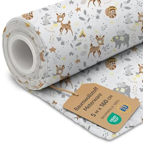 Stoff Meterware Baumwollstoff 5 M x 160 cm - Stoffe zum nähen aus reine baumwolle fabric futterstoff dekostoff für patchwork canvas und sewing nähstoff Oeko-Tex Hirsch