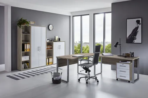 BMG Möbel Büromöbel-Set Office Edition Set 4 - Eiche Sonoma/Weiß Hochglanz - Aktenschränke, Made in Germany und modernes Design, ideal für ein stilvolles und funktionales Büro.