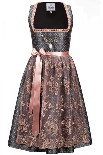 Edelnice Designer Midi Dirndl Beatrice - Elegantes Dirndl in dunkelgrau mit altrosa Streublümchen, edler Spitzendirndlschürze und abnehmbarem Charivari. Perfekt für festliche Anlässe! Verfügbar in Größen 32-54.