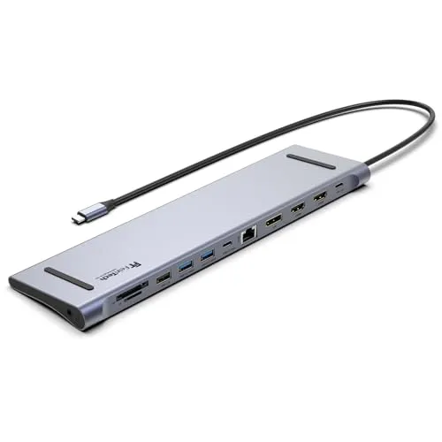 FeinTech CX301 USB C Docking Station 12in1 - USB-Hub mit 12 Anschlüssen, unterstützt Dual Display 4K 60Hz und Triple Display 4K 30Hz, ideal für effizientes Arbeiten und schnelles Laden mit 100W PD.