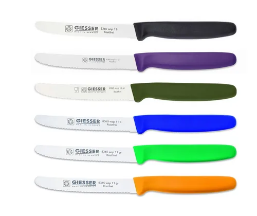 GIESSER Tomatenmesser Brötchenmesser 8365 wsp 11-6, 6er Set bunt gemischt, 3mm Wellenschliff, extrem Scharf