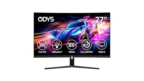 ODYS XP27-F-180 27 Zoll Curved Monitor - Curved Office & Gaming Monitor mit Full HD (1.920x1.080) und 180 Hz für flüssige Bewegungen. Inklusive Blaulichtreduktion für Augenschutz und ergonomischer Neigbarkeit.