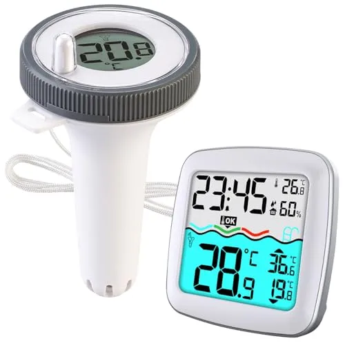 infactory Poolthermometer: Digitales Funk-Poolthermometer mit Farbdisplay - Kabelloses, wasserdichtes Poolthermometer mit IP67, misst Wassertemperatur bis 70°C. Inklusive Funk-Empfänger mit LCD-Farbdisplay und Weckerfunktion – ideal für Pool, Teich und Badewanne.