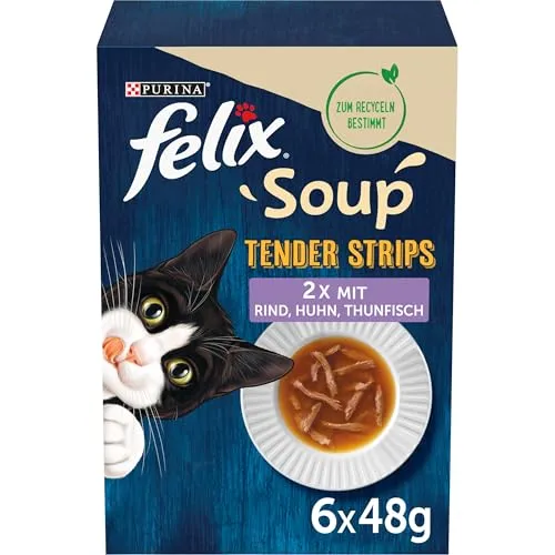 Felix Soup Tender Strips, Suppe für Katzen, Gemischte Vielfalt, 8er Pack (8 x 6 Beutel à 48g)