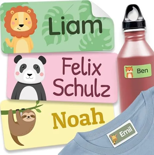 melu kids® Namensaufkleber für Kinder - Kleidung & Gegenstände (60 Stück) Kita/Schule - Namensschilder für Kleidung waschmaschinenfest und personalisiert (Dschungeltiere)