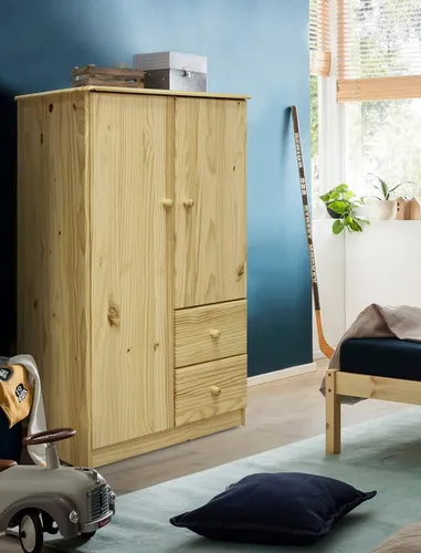 Möbilia Kleiderschrank | 2 Türen, 2 Schubladen aus massivem Kiefer-Holz - Kleiderschrank aus hochwertigem Kiefernholz, naturfarben lackiert, mit zwei Türen und zwei geräumigen Schubladen für optimale Organisation und stilvollen Stauraum.