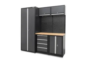 Weber Werkstatt Schranksystem Serie 450 8-teilig grau - Modulares Werkstatt Schranksystem mit abschließbaren Schränken und robuster Holzarbeitsplatte, ideal für Werkstatt, Garage oder Hobbyraum.