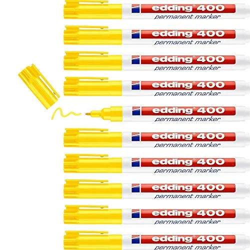 edding 400 Permanentmarker - gelb - 10 Stifte - feine Rundspitze 1 mm - wasserfest, schnell-trocknend - wischfest - für Karton, Kunststoff, Holz, Metall, Glas