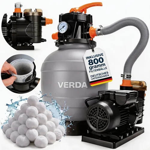 Verda Sandfilteranlage Pumpe 10000 l/h mit Filterbällen - Leistungsstarke Sandfilteranlage mit 10.000 L/h für sauberes Poolwasser. Inklusive 800 g Filterbälle für feinere Filtration und weniger Wartung. Ideal für private Pools bis 10 m Förderhöhe.