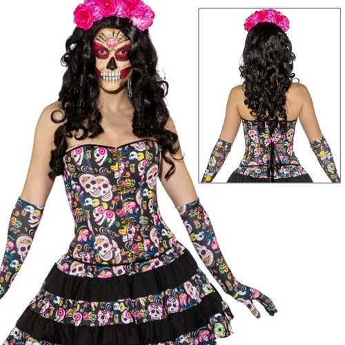 NET TOYS Sexy Totenkopf Corsage Korsage Dia de los Muertos XL 46/48 Halloween Outfit Tag der Toten Korsett La Catrina Oberteil Sugar Skull Calavera Mieder