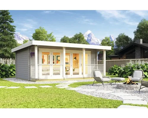 Gartenhaus Outdoor Life Liverpool 1 mit Fußboden 610 x 460 cm - Stilvolles Gartenhaus mit Pultdach in hellgrau, ideal für die Aufbewahrung im Garten. Robuste Bauweise mit praktischem Fußboden für zusätzlichen Komfort.
