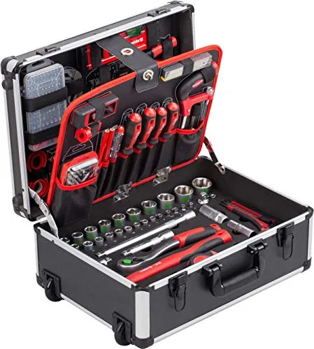 Meister Werkzeugkoffer Trolley WU8971480, 238-teilig - Robuster 238-teiliger Werkzeugkoffer-Trolley aus Aluminium mit Rollen und Teleskopgriff, ideal für Profis und Heimwerker. Enthält alles, was Sie für Ihre Projekte benötigen.