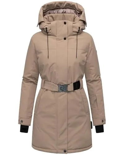Navahoo Damen Wintermantel Frostkuss 14 Taupe Grey Gr. XXL - Stylischer Wintermantel mit abnehmbarer Kapuze und Taillengürtel. Robustes, wasserabweisendes Material für optimalen Schutz vor Kälte. Ideal für den Alltag in der kalten Jahreszeit – kombiniert Komfort mit modernem Design.