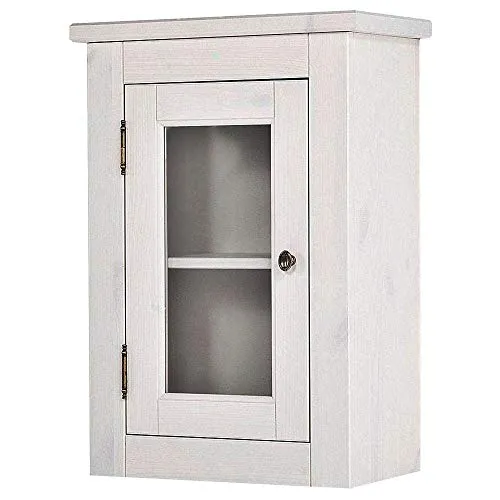Lomadox Landhaus Badezimmer Wandschrank - Hängeschrank im Landhaus Design aus massivem Kiefernholz, mit antik brünierten Metalgriffen und ESG-Glas Sichtfenster für stilvolle Aufbewahrung im Bad.