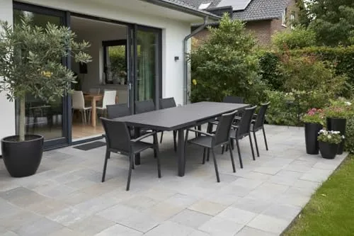 TEICO GROUP Garten-Essgruppe 9-tlg. mit ausziehbarem Tisch - Essgruppen Set mit 8 stapelbaren Stühlen und einem ausziehbaren Tisch (180-240 cm) aus pflegeleichtem Aluminium, ideal für Gartenpartys und entspannte Stunden im Freien.