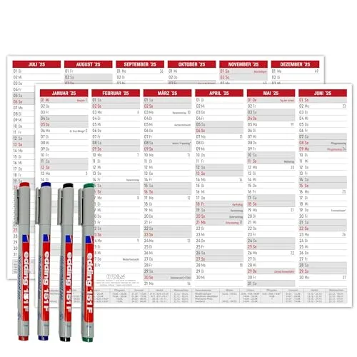 TOBJA abwischbarer Wandkalender 2025 A4 - "Bunter" Jahresplaner 2025 abwischbar, inkl. 4 Stifte. Tafelkalender 2025, Robuster Kalender A4
