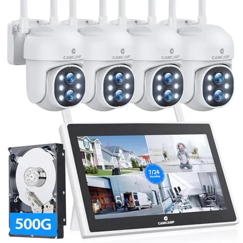 CAMCAMP Überwachungskamera Aussen Set mit 10" Monitor - Überwachungskameras mit 2K PTZ Kamera, Auto-Tracking und 500GB Festplatte für optimale Sicherheit ohne monatliche Gebühren.