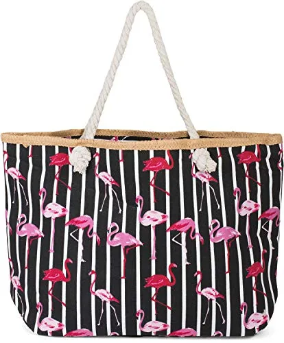 styleBREAKER XXL Strandtasche mit Flamingo Print - Handtaschen mit großem Hauptfach und Reißverschluss, ideal für Strand oder Einkauf. Stylischer Flamingo Print und praktische Größe von 58 x 37 x 13 cm.