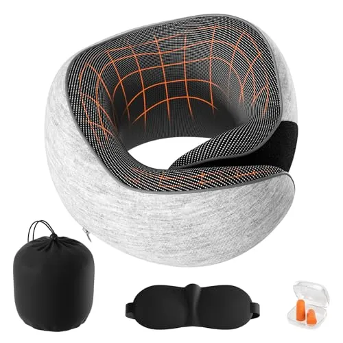 Lavlola Nackenkissen Flugzeug, Reisekissen Auto aus Memory Foam, Verstellbares Nackenhörnchen Nackenkissen Reise mit Ohrstöpseln, Augenmaske (Hellgrau)