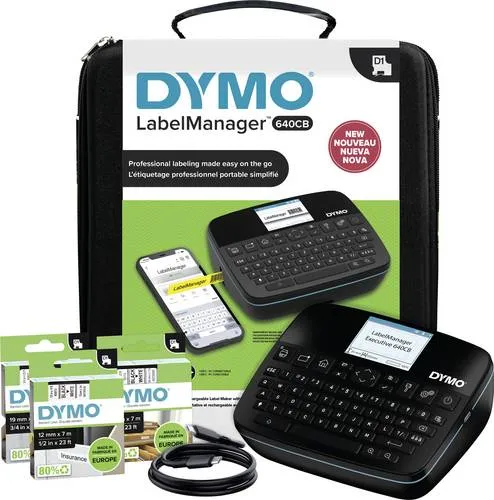 DYMO LabelManager Executive 640 CB Etiketten-Drucker - Drucker für D1-Schriftbänder (6-24mm), kompakt, wiederaufladbar und ideal für mobile Profis. Hochauflösender Bildschirm und intuitive Bedienung sorgen für effiziente Etikettenerstellung.