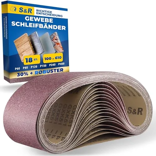 S&R Schleifband-Set 18 Stück 100 x 610 mm - Schleifgürtel aus reißfestem Gewebe, Profi-Qualität mit 6 verschiedenen Körnungen ideal für Holz, Metall und Plastik; perfekt für Handwerker und Heimwerker, die Wert auf Effizienz legen.