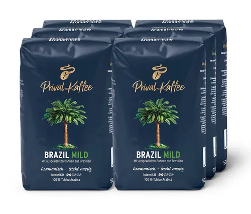 Tchibo Privat Kaffee Brazil Mild - Ganze Bohne 6 x 500 g - Milder Kaffee mit nussigem Charakter, ideal für entspannte Genussmomente. 100% Tchibo Arabica, luftdicht verpackt für optimale Frische. Trocken und dunkel lagern.