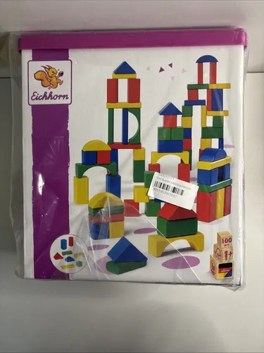 Eichhorn 100010171 - 100 bunte Holzbausteine in Aufbewahrungsbox - Bauklötze für kreative Kinder – 100 farbenfrohe Bausteine aus hochwertigem FSC-zertifiziertem Buchenholz fördern die Motorik und Kreativität beim Spielen.