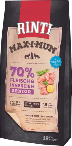 RINTI MAX-I-MUM Senior Huhn 12kg - Getreidefreies Hundefutter mit 90% Frischfleisch für eine gesunde Ernährung älterer Hunde