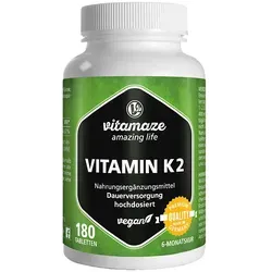 Vitamaze Vitamin K2 200 μg hochdosiert vegan - Nahrungsergänzungsmittel für eine optimale Blutgerinnung und Knochenstärkung, vegan und hochdosiert mit 200 μg Vitamin K2 pro Tablette.